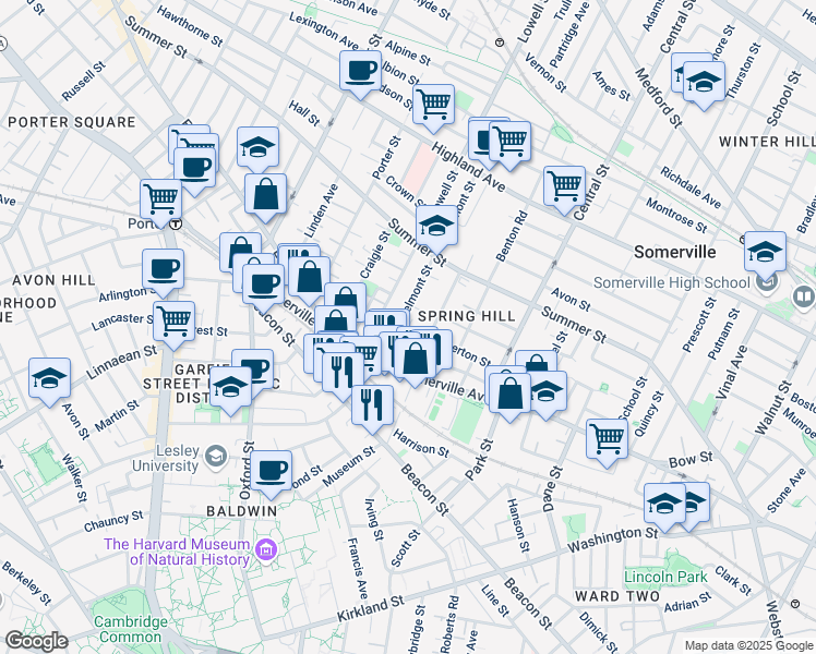 map of restaurants, bars, coffee shops, grocery stores, and more near 22 Belmont Street in Somerville