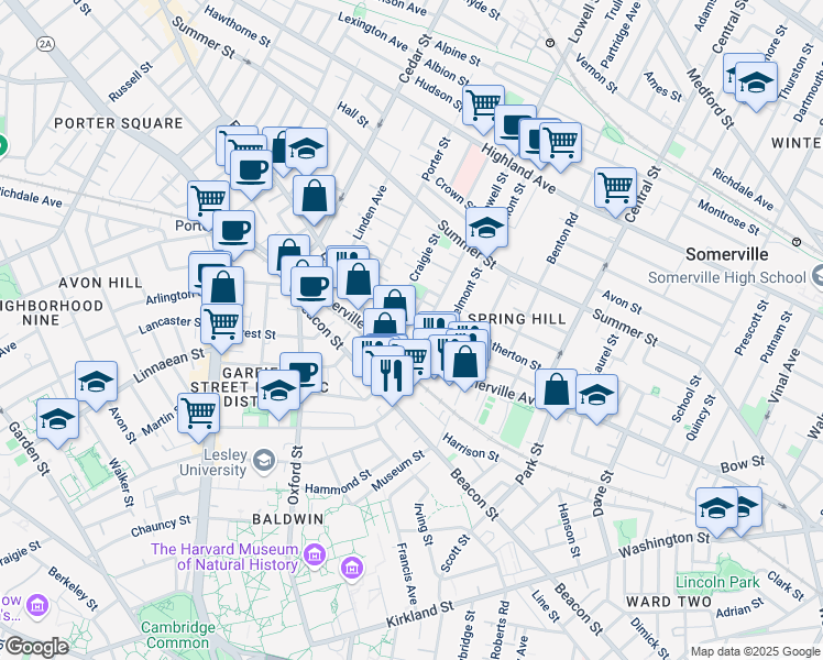 map of restaurants, bars, coffee shops, grocery stores, and more near 14 Ibbetson Street in Somerville