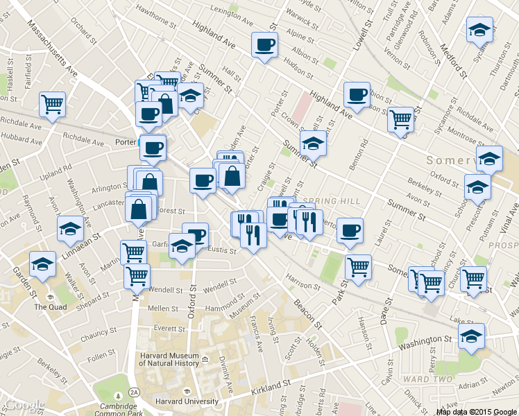 map of restaurants, bars, coffee shops, grocery stores, and more near 14 Ibbetson Street in Somerville
