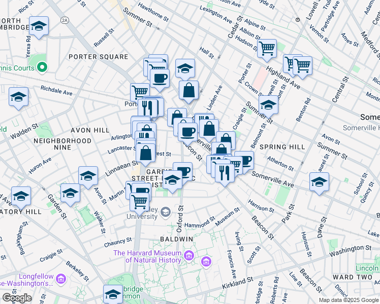 map of restaurants, bars, coffee shops, grocery stores, and more near 345 Beacon Street in Somerville