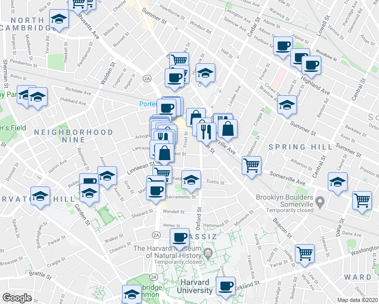 map of restaurants, bars, coffee shops, grocery stores, and more near 133 Oxford Street in Cambridge
