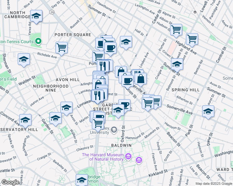 map of restaurants, bars, coffee shops, grocery stores, and more near 133 Oxford Street in Cambridge