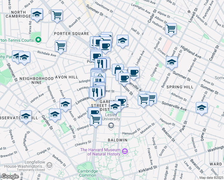 map of restaurants, bars, coffee shops, grocery stores, and more near 9 Forest Street in Cambridge