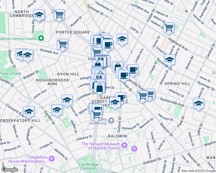 map of restaurants, bars, coffee shops, grocery stores, and more near 9 Forest Street in Cambridge