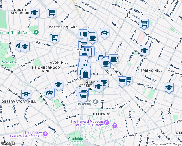 map of restaurants, bars, coffee shops, grocery stores, and more near 9 Forest Street in Cambridge