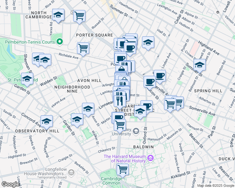 map of restaurants, bars, coffee shops, grocery stores, and more near 1768a Massachusetts Avenue in Cambridge
