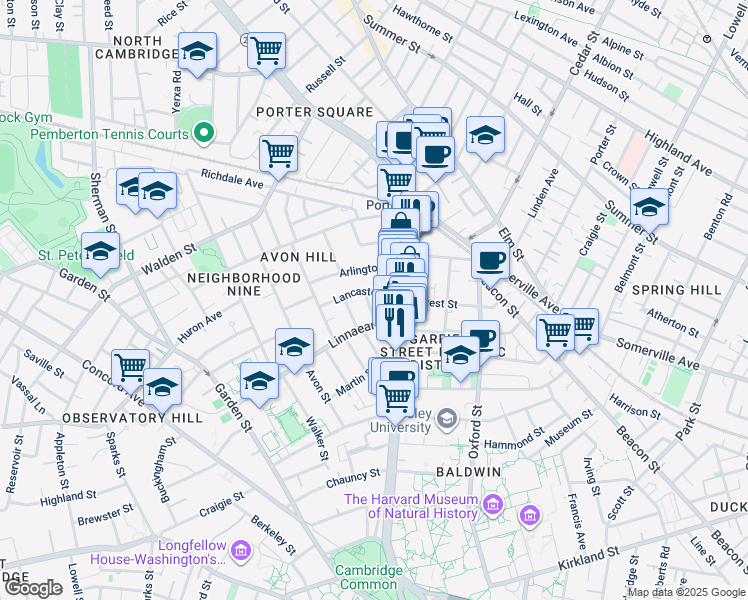 map of restaurants, bars, coffee shops, grocery stores, and more near 15 Humboldt Street in Cambridge
