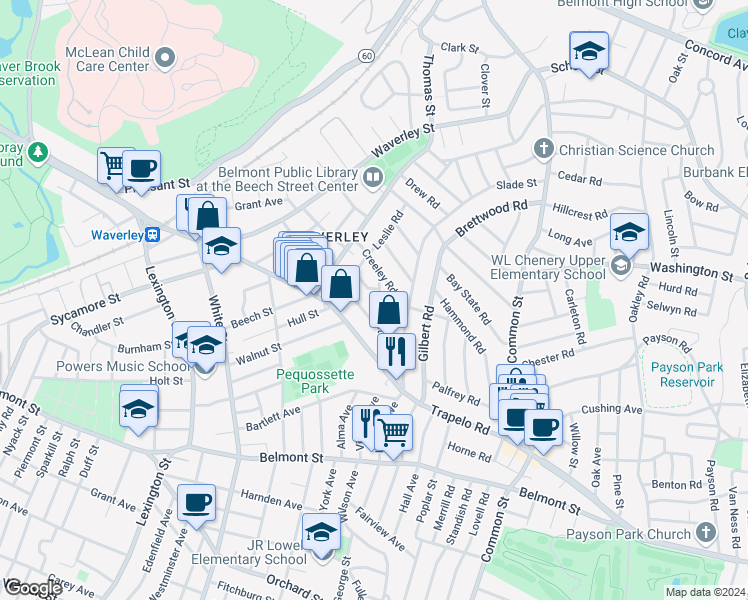 map of restaurants, bars, coffee shops, grocery stores, and more near 61 Flett Road in Belmont