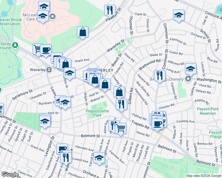 map of restaurants, bars, coffee shops, grocery stores, and more near 25 Wilson Avenue in Belmont