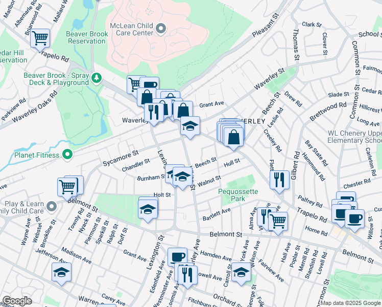 map of restaurants, bars, coffee shops, grocery stores, and more near 103 White Street in Belmont