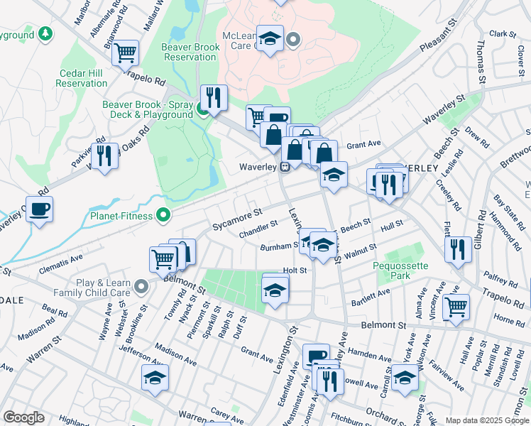 map of restaurants, bars, coffee shops, grocery stores, and more near 104-106 Sycamore Street in Belmont