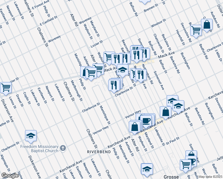 map of restaurants, bars, coffee shops, grocery stores, and more near 1431 Wayburn Street in Grosse Pointe