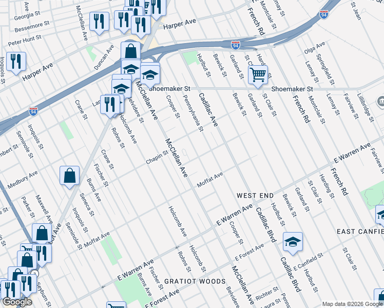 map of restaurants, bars, coffee shops, grocery stores, and more near 5537 Cooper Street in Detroit