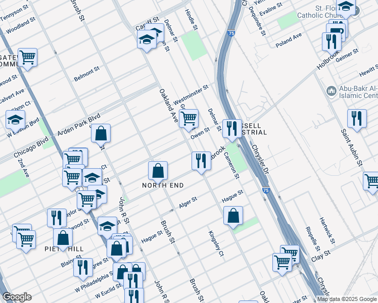 map of restaurants, bars, coffee shops, grocery stores, and more near 636 Owen Street in Detroit