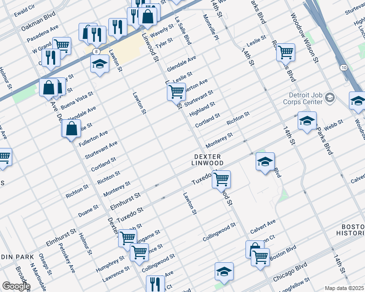 map of restaurants, bars, coffee shops, grocery stores, and more near 2649 Richton Street in Detroit