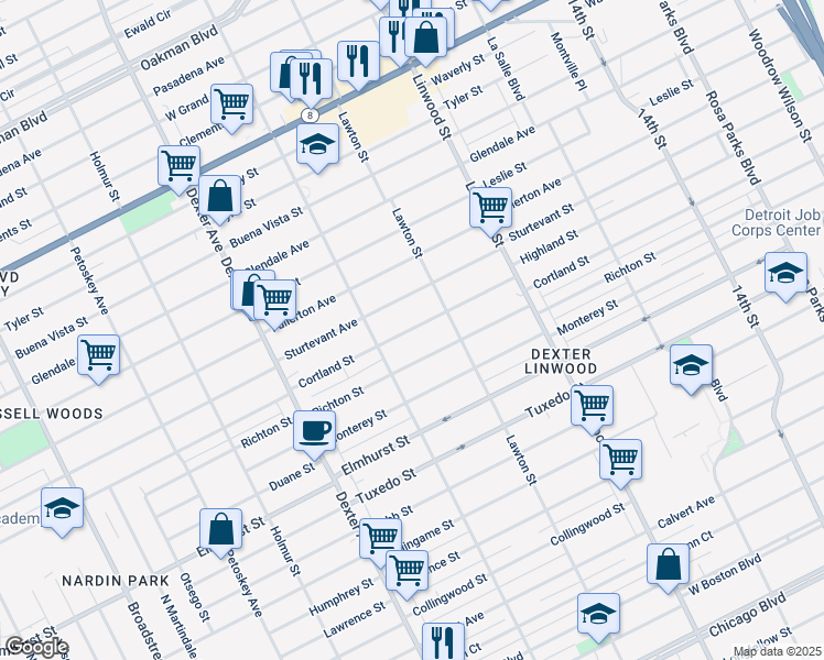map of restaurants, bars, coffee shops, grocery stores, and more near 3000 Cortland Street in Detroit