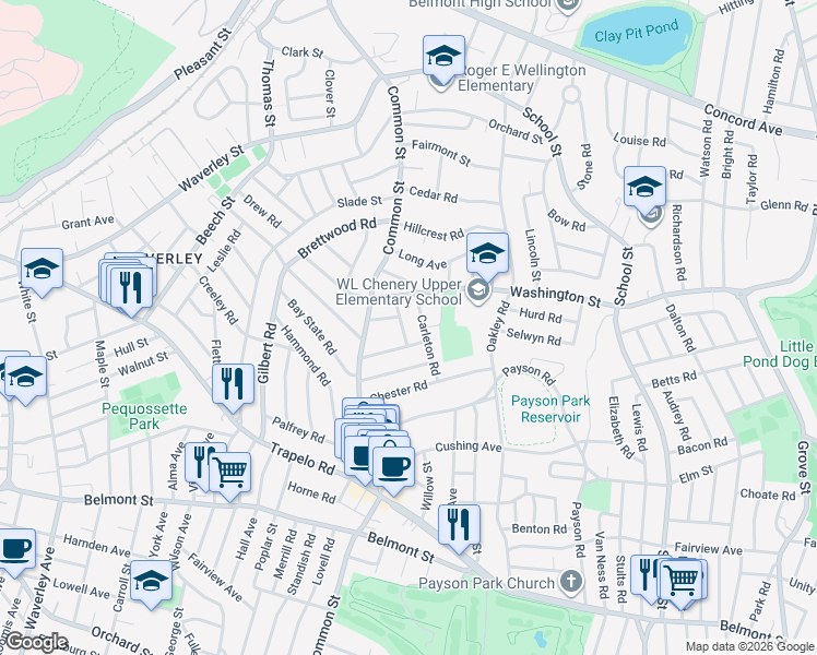 map of restaurants, bars, coffee shops, grocery stores, and more near 26 Bellevue Road in Belmont