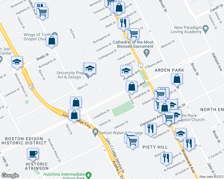 map of restaurants, bars, coffee shops, grocery stores, and more near 701 West Boston Boulevard in Detroit