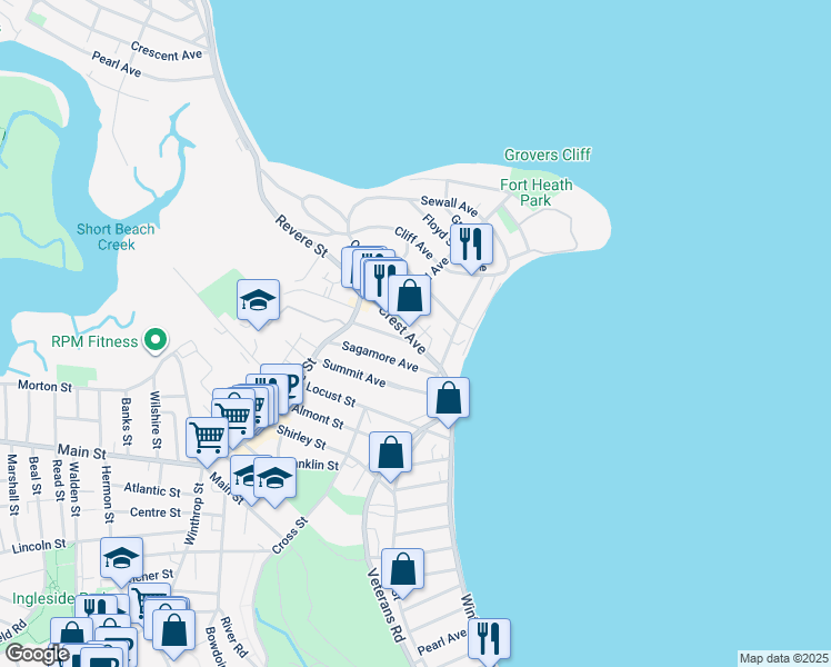 map of restaurants, bars, coffee shops, grocery stores, and more near 2 Chamberlain Avenue in Winthrop