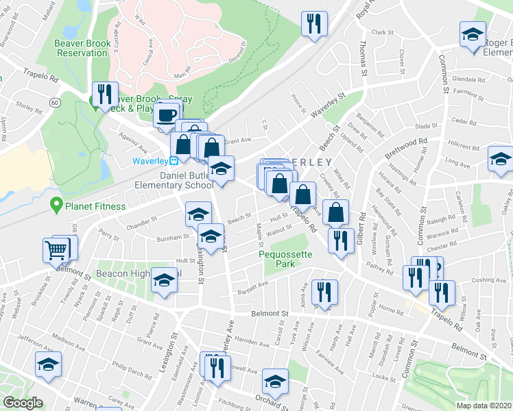 map of restaurants, bars, coffee shops, grocery stores, and more near 20 Maple Street in Belmont