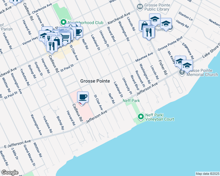 map of restaurants, bars, coffee shops, grocery stores, and more near 386 Neff Road in Grosse Pointe