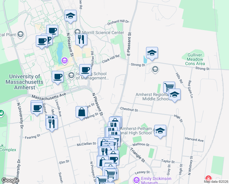 map of restaurants, bars, coffee shops, grocery stores, and more near 55 Mount Pleasant in Amherst