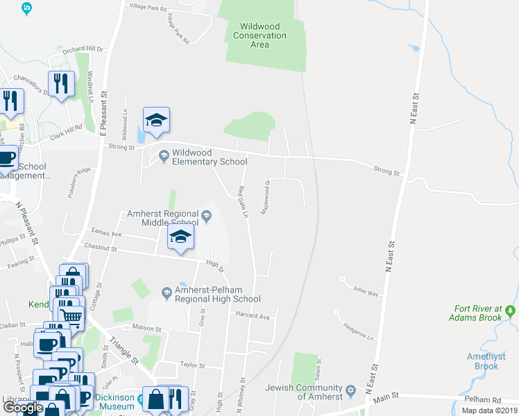 map of restaurants, bars, coffee shops, grocery stores, and more near 63 Maplewood Drive in Amherst