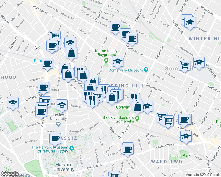 map of restaurants, bars, coffee shops, grocery stores, and more near Belmont Square in Somerville