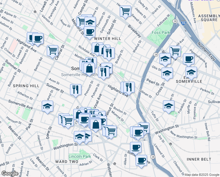 map of restaurants, bars, coffee shops, grocery stores, and more near 48 Highland Avenue in Somerville