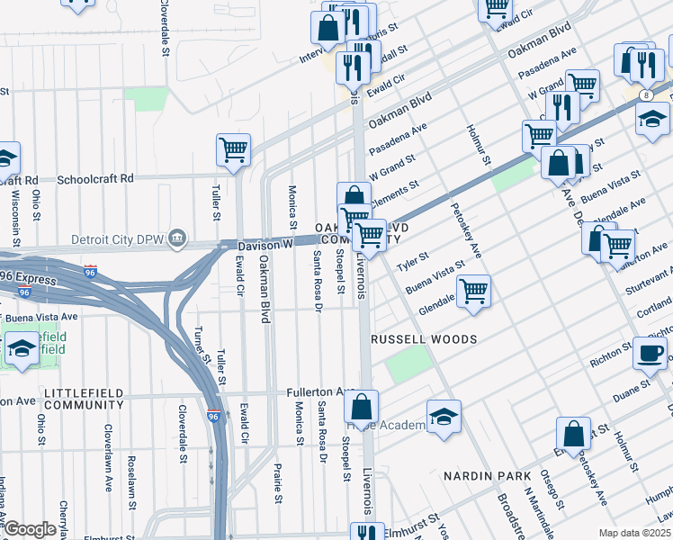 map of restaurants, bars, coffee shops, grocery stores, and more near 13193 Stoepel Street in Detroit