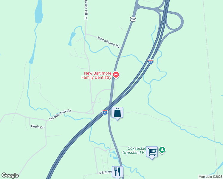 map of restaurants, bars, coffee shops, grocery stores, and more near 91 Scheller Park Road in West Coxsackie