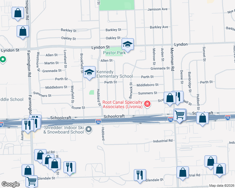 map of restaurants, bars, coffee shops, grocery stores, and more near 14066 Blackburn Street in Livonia
