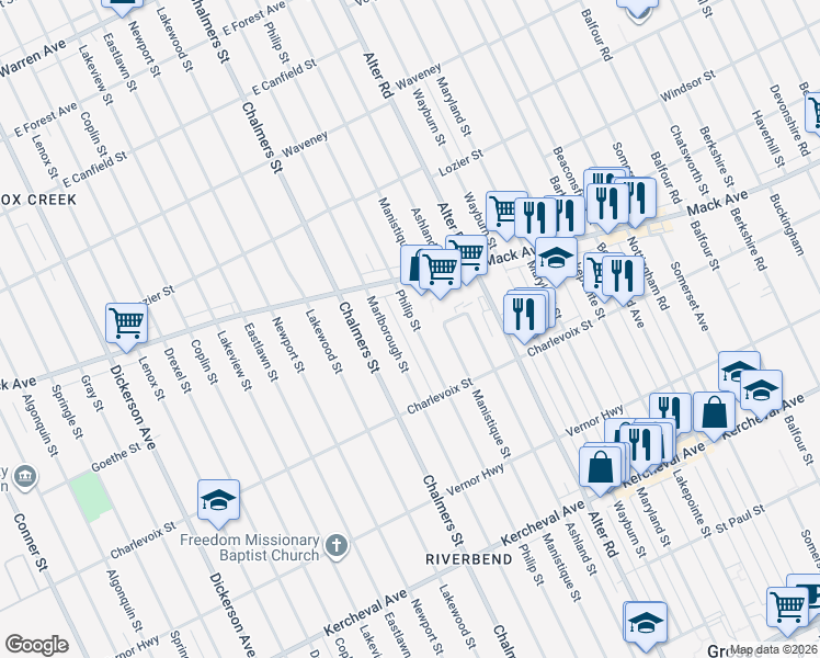 map of restaurants, bars, coffee shops, grocery stores, and more near 3051 Philip Street in Detroit