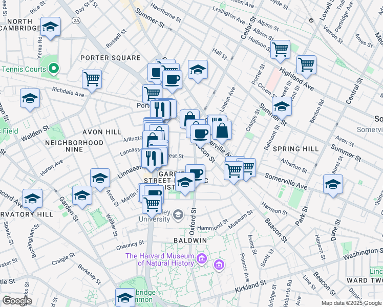 map of restaurants, bars, coffee shops, grocery stores, and more near 133 Oxford Street in Cambridge