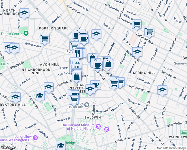 map of restaurants, bars, coffee shops, grocery stores, and more near 133 Oxford Street in Cambridge