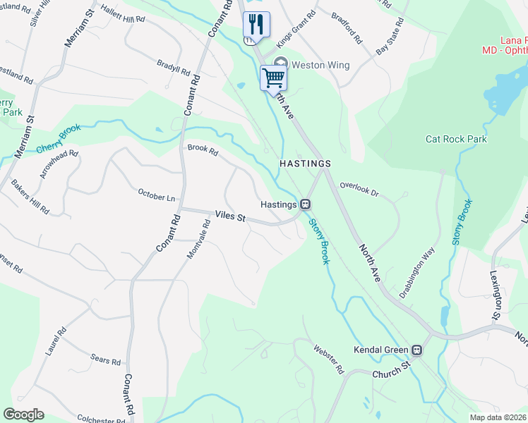 map of restaurants, bars, coffee shops, grocery stores, and more near 75 Brook Road in Weston