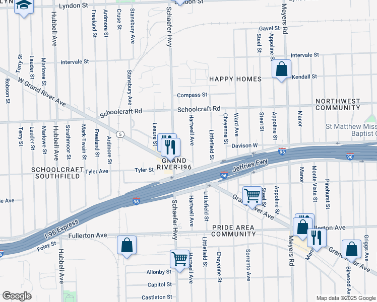 map of restaurants, bars, coffee shops, grocery stores, and more near 13301 Hartwell Street in Detroit