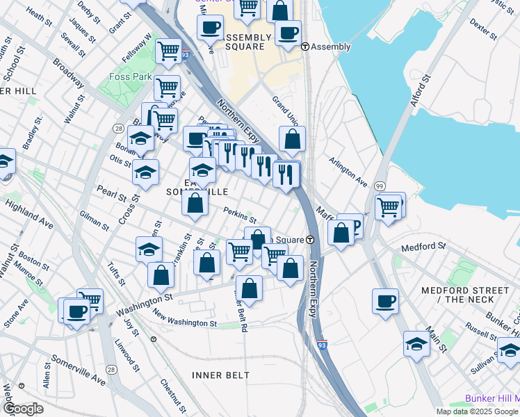 map of restaurants, bars, coffee shops, grocery stores, and more near 12 Lincoln Avenue in Somerville