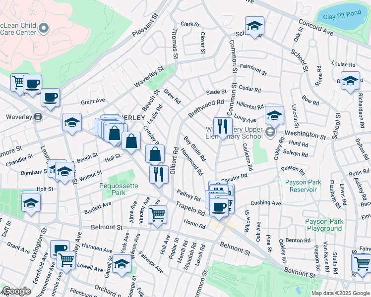 map of restaurants, bars, coffee shops, grocery stores, and more near 115 Hammond Road in Belmont