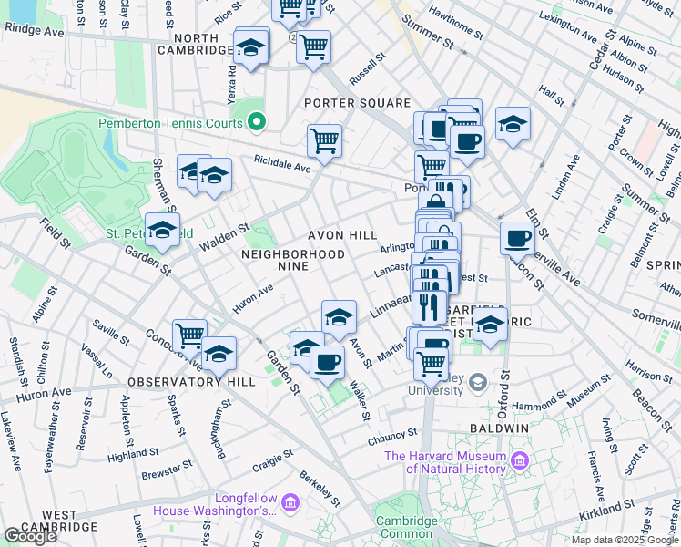 map of restaurants, bars, coffee shops, grocery stores, and more near 17 Hillside Avenue in Cambridge