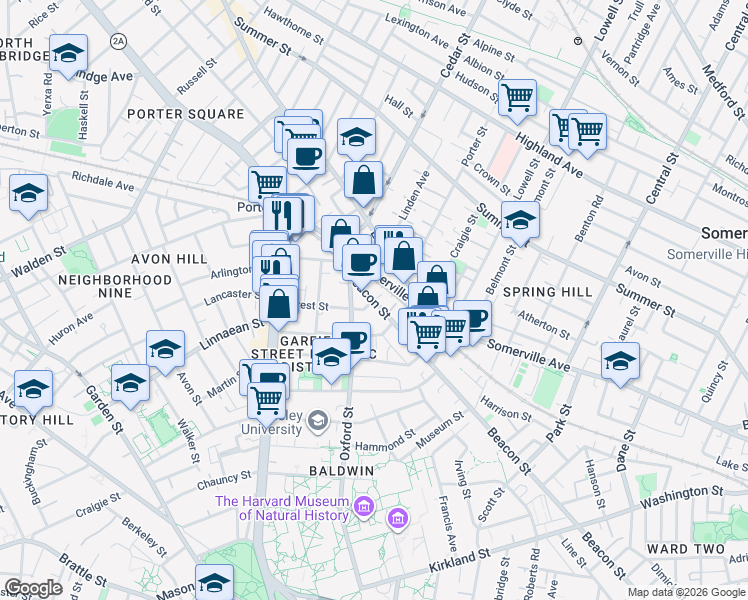 map of restaurants, bars, coffee shops, grocery stores, and more near in Somerville