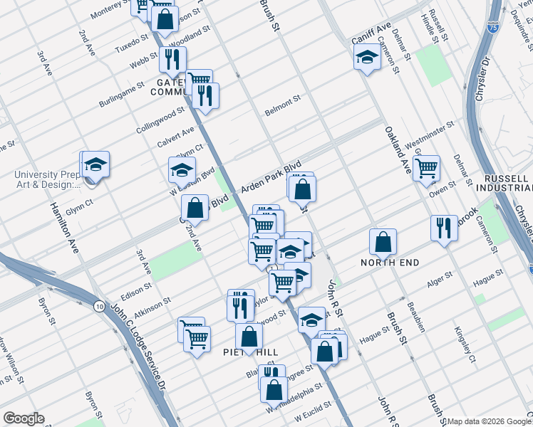 map of restaurants, bars, coffee shops, grocery stores, and more near 70 Westminster Street in Detroit