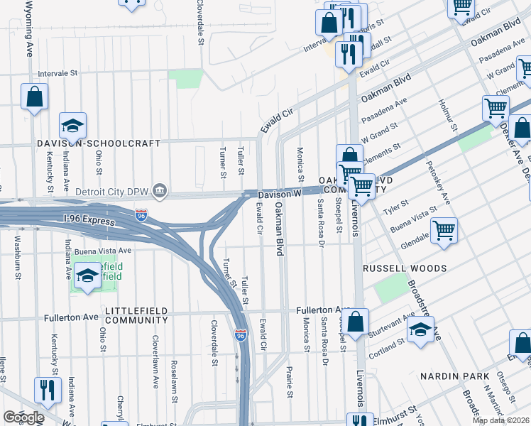map of restaurants, bars, coffee shops, grocery stores, and more near 3095 Ewald Circle in Detroit