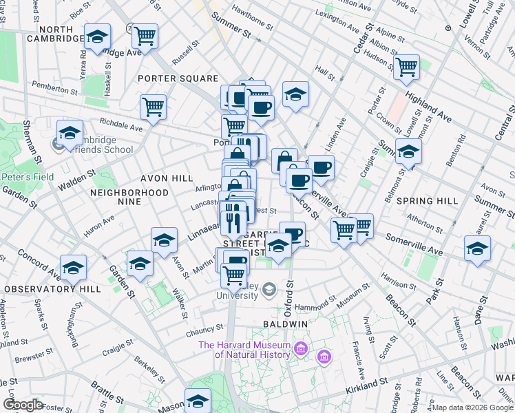 map of restaurants, bars, coffee shops, grocery stores, and more near 9 Forest Street in Cambridge