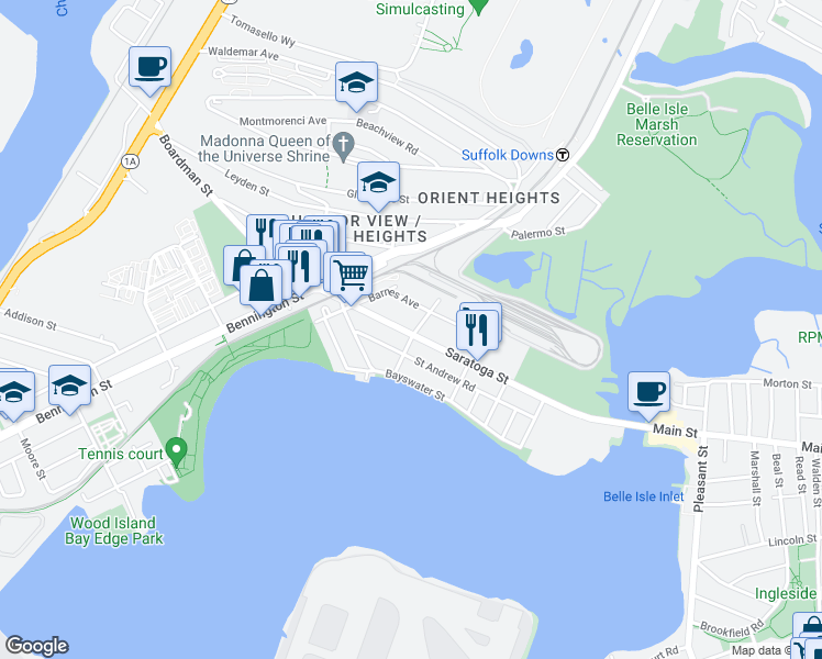 map of restaurants, bars, coffee shops, grocery stores, and more near 1088 Saratoga Street in Boston