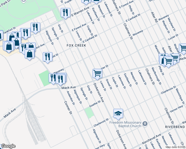 map of restaurants, bars, coffee shops, grocery stores, and more near 3952 Dickerson Avenue in Detroit