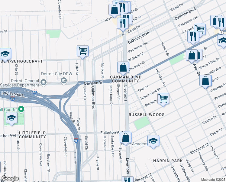 map of restaurants, bars, coffee shops, grocery stores, and more near 13194 Santa Rosa Drive in Detroit