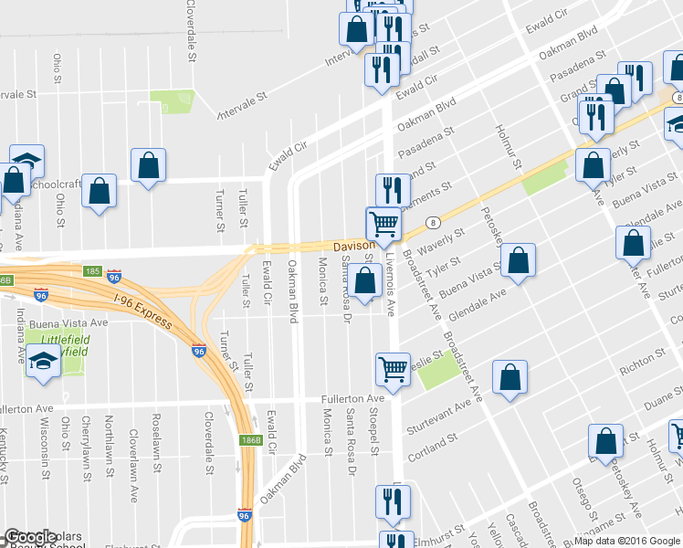 map of restaurants, bars, coffee shops, grocery stores, and more near 13197 Santa Rosa Dr in Detroit