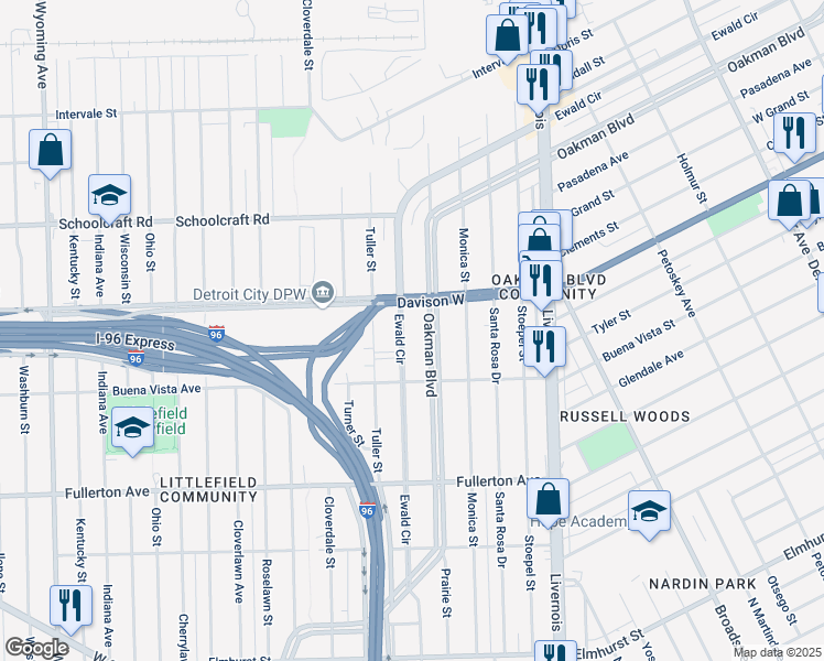 map of restaurants, bars, coffee shops, grocery stores, and more near 3095 Ewald Circle in Detroit