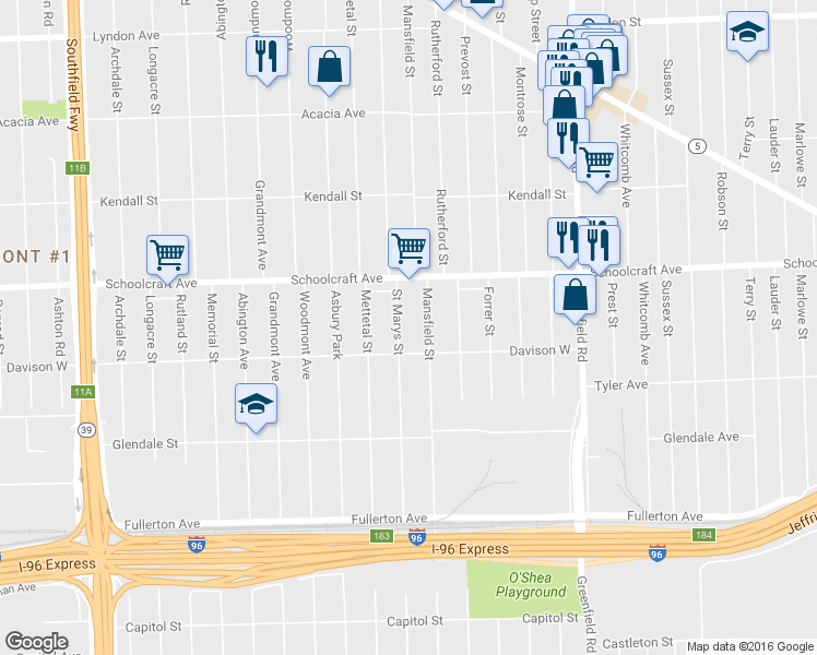 map of restaurants, bars, coffee shops, grocery stores, and more near 13550 Saint Marys Street in Detroit